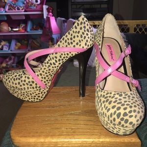Betsey Johnson Leopard Print Platform Heels with Pink Straps